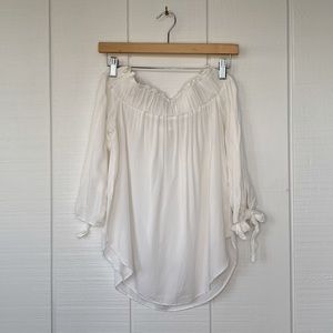 Semi-sheer Off-the-Shoulder White Blouse w/ 3/4 Sleeves